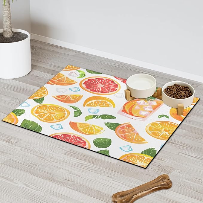 Orange Dog Food Mat for Floors Absorbent Dog Bowl Mat for Food and Water Dispenser Quick Dry Cat Food Placemat Pet Supplies 12" x 20", Summer Drink