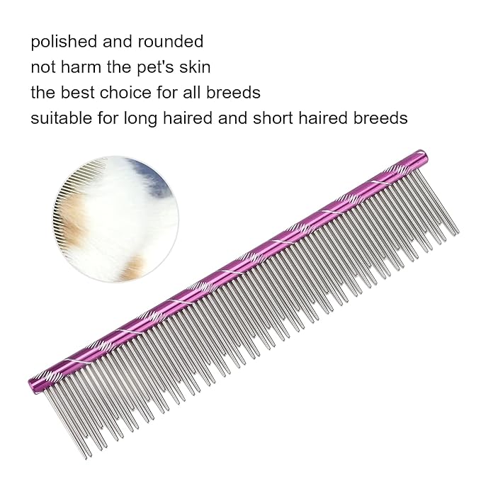 Pet Hair Removal Comb, Cat Comb with Stainless Steel Teeth, Open Knot Comb for Cat Grooming, Durable Reusable Pet Grooming Tool with Ergonomic Handle for Long Haired and Short Hair (Purple)