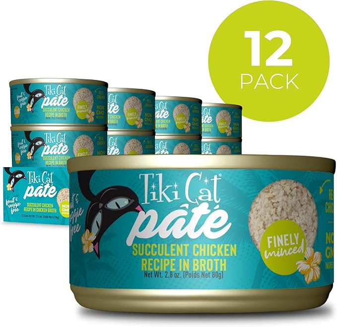 Tiki Cat Luau Pâté, Succulent Chicken Recipe in Broth, Grain-Free Balanced Nutrition Wet Canned Cat Food, for All Life Stages, 2.8 oz. Cans (Pack of 12)