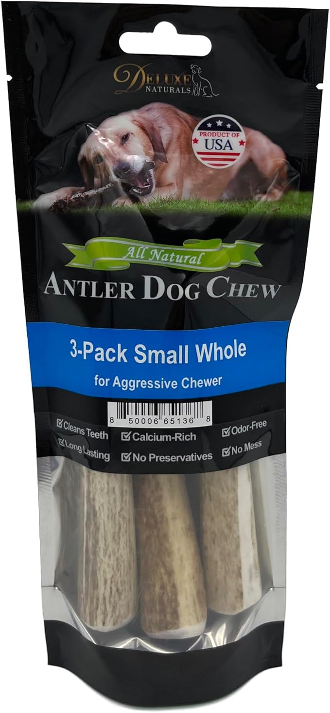 3-Pack Small Whole Elk Antler Dog Chews (5-7+ in) – Long Lasting, Natural Dog Chews for Small Dogs Under 20 lbs – Durable Bones for Aggressive Chewers, Teeth Cleaning & Boredom Toy
