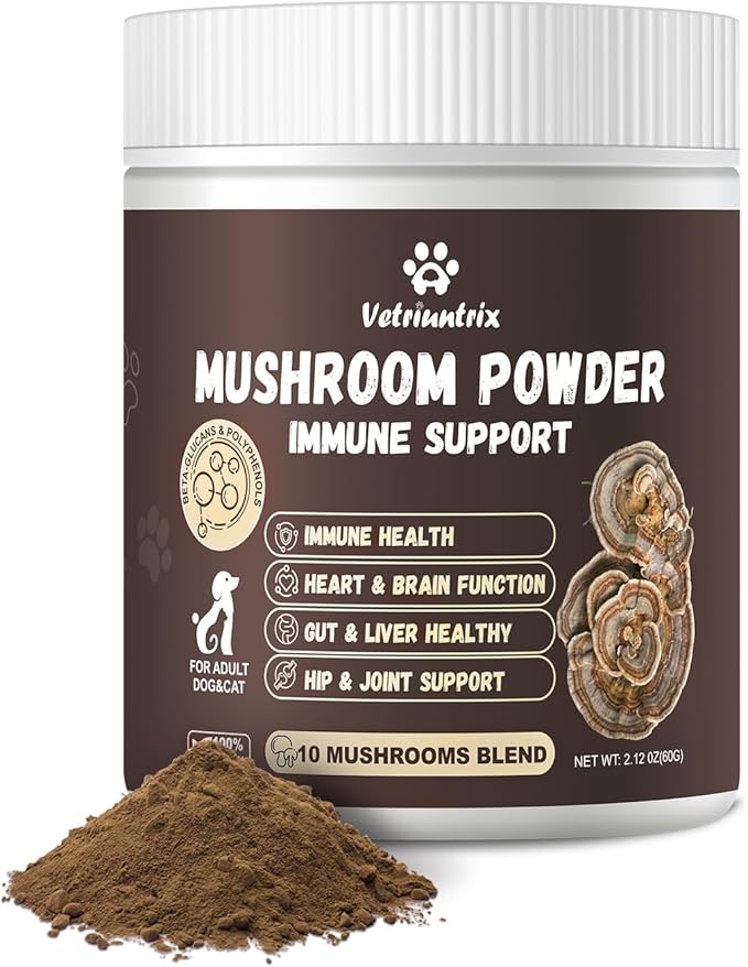 Turkey Tail Mushroom Powder for Dogs, Organic 10 Mushroom Blend for Lipoma Lumps and Bumps, Dog & Cat Herbal Supplements Probiotic with 50% β-Glucan, Joint Gut Immune Skin Support-45 Day Supply