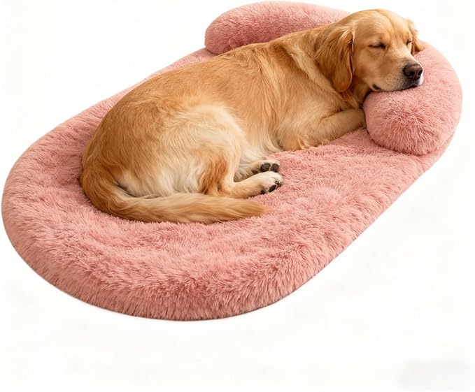 Calming Dog Beds for Medium Large Dogs, Orthopedic Cushion Plush Large Pet Bed Lounge with Washable Cover, Anti-Anxiety Soft Fluffy Faux Fur Fits up to 60 lbs Pets (Oval, Blush 40"x30")