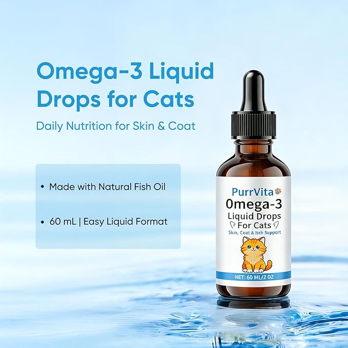 PurrVita Omega-3 Liquid Drops for Cats – Supports Healthy Skin & Coat, Natural Fish Oil Supplement for Feline Wellness 60ml (1)