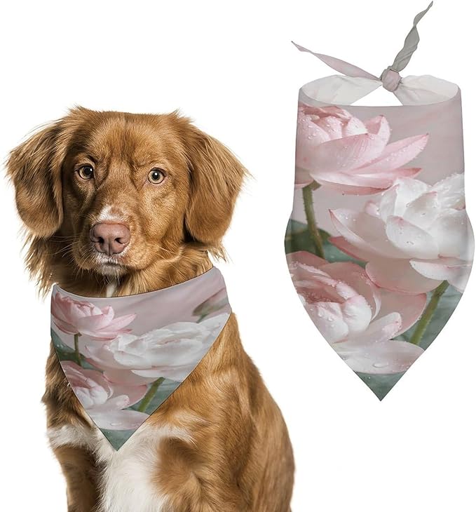 Dog Bandana Spring Pet Scarf Adjustable Triangle Lotus Floral Printing Dog Bib Washable Polyester Puppy Bandana for Small Medium Large Dogs Cat Birthday Party Supplies