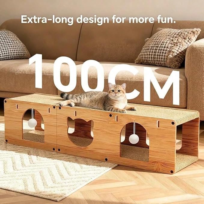 Multi-Function Cat Scratcher House Box,3-in-1 Scratch Pad and Soft Bed & Play Cave with Toys, Durable Build & Ideal for Cats/Kitty (Yellow,FX-MSD)