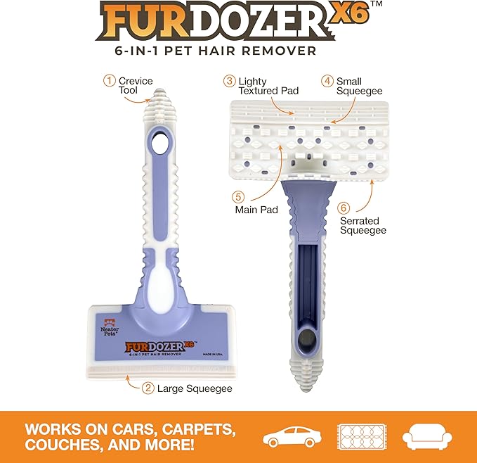 FurDozer Pet Hair Remover & Auto Detailing Tools - Cat & Dog Hair Remover for Carpets, Car Interiors, Couches, Bedding, & Pet Furniture (Purple, (3 Pack) - X6, X3 PRO, X3 MINI)