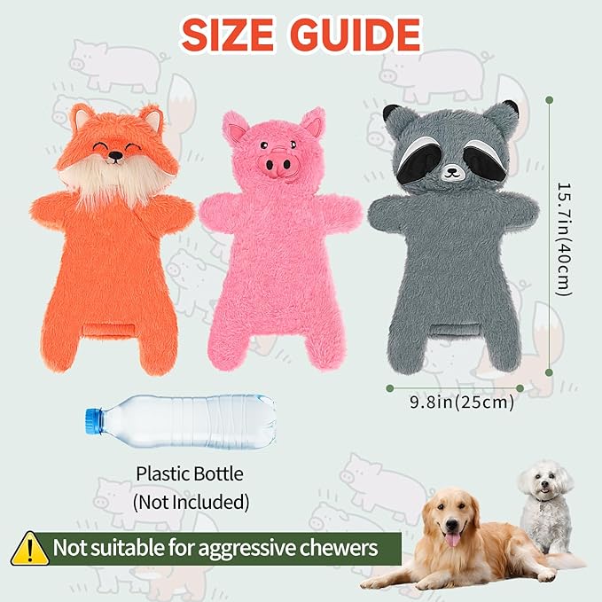 Mihachi No Stuffing Crinkle Dog Toys,2-in-1 Holds Water Bottles-Cruncher with Puncture Resistant Squeaker,3 Pcs Dog Squeak Toys Plush Dogs Chew Toy for Small Medium Large Breed Chewer,Fox&Raccoon&Pig