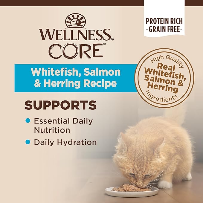 Wellness CORE Pate Adult Wet Cat Food, Natural, Protein-Rich, Grain Free, 5.5 Ounce, 24 Pack (Whitefish, Salmon & Herring)