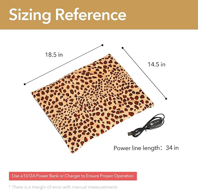 USB Heating Warmer Pad Bed for Cat, Small Dog and Pet, Safe 5V2A Power-Bank Battery Operated, 3-Temperature Settings, Washable, for Indoor and Outdoor Use. 15" x 19" x 0.6" (Black)