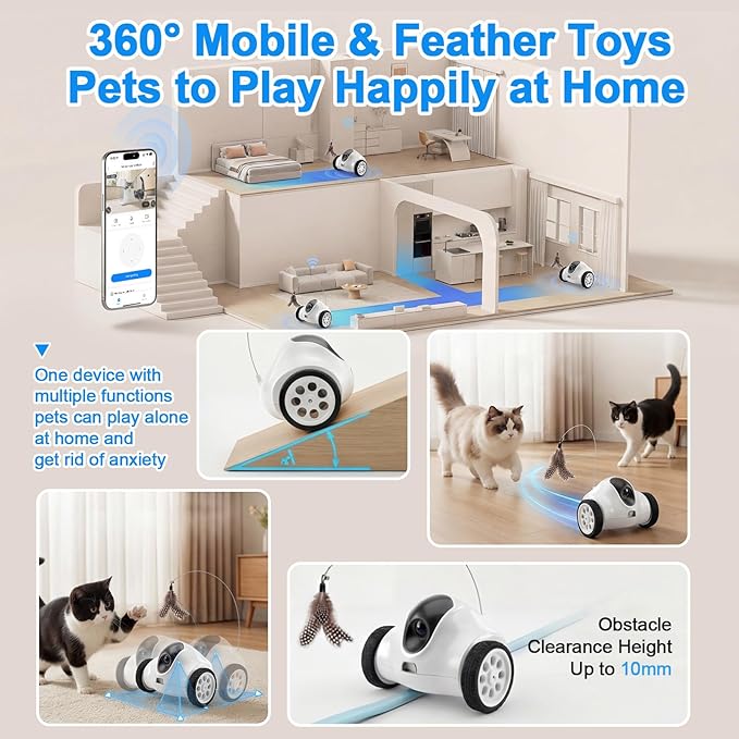 Pet Companion Robot with 720P HD Camera,Interactive Toy for Dogs and Cats,360°Movement, Night Vision, Two-Way Audio,App Control(Only 2.4G WiFi)