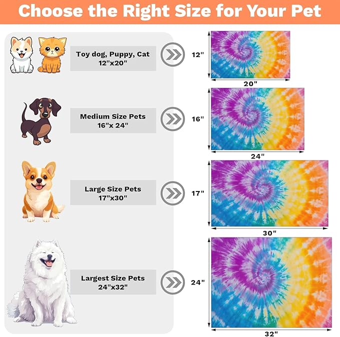 Tie Dye Dog Food Mat for Floors Absorbent, Quick Dry Water Dispenser Mat for Food, Water, Pet Supplies 17" x 30", Colorful Geometric