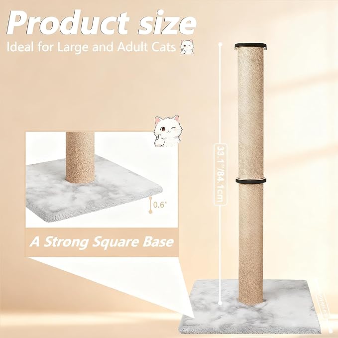 Big Cat Scratching Post for Large Cats, Cat Scratching Post Heavy Duty Posts Tower with Plush Perch, 33 Inch Tall Sisal Rope Cat Scratcher for Indoor Cats