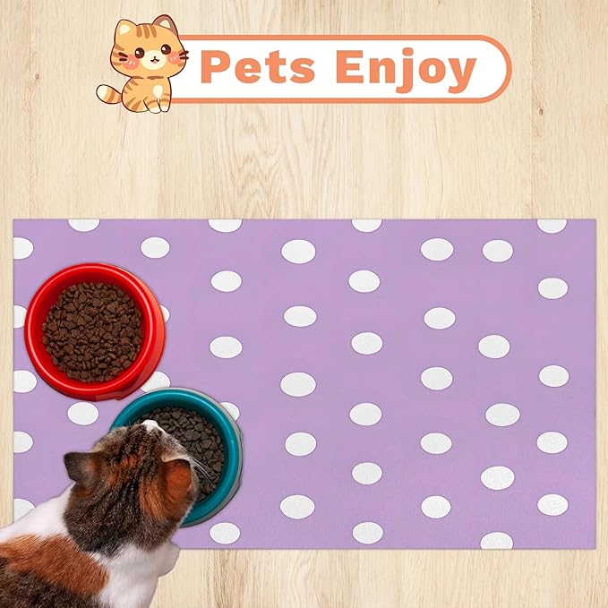 Polka Dot Dog Food Mat for Floors Absorbent Dog Bowl Mat for Food and Water Dispenser Quick Dry Cat Food Placemat Pet Supplies 17" x 30", Purple White Spot