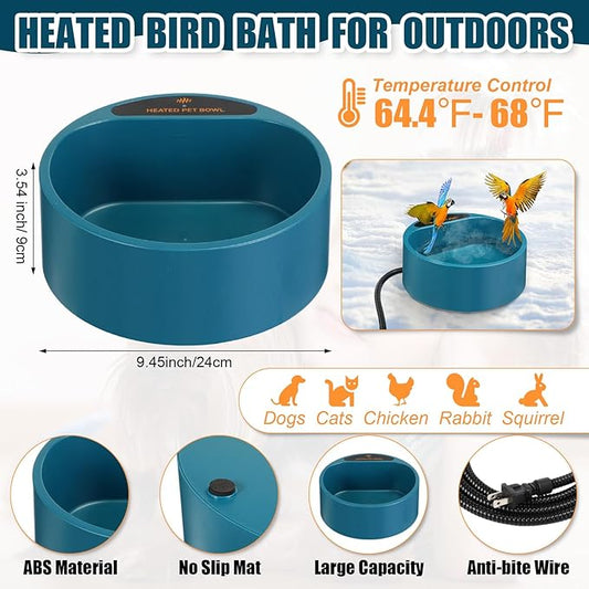 Heated Water Bowl for Dog and Cat Outdoor Heated Bird Bath 74.4oz with Extension Cord Cover and Insulation Tape Wrap Pet Water Bowl Winter for Dog, Cat, Birds, Chickens(Green)