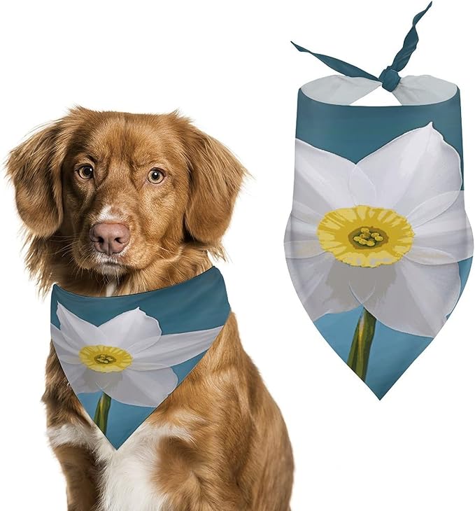 Dog Bandana Spring Pet Scarf Adjustable Triangle White Daffodil Printing Dog Bib Washable Polyester Puppy Bandana for Small Medium Large Dogs Cat Birthday Party Supplies