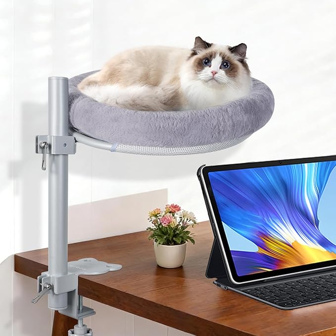 Cat Desk Bed,Steel Cat Bed for Desk,Up and Down Available,360° Rotating, Shelf Height Adjustable, Desktop Attachment Cats Nest Perch Hammock for Office Game Tables, Supports 40lb (Dark Gray