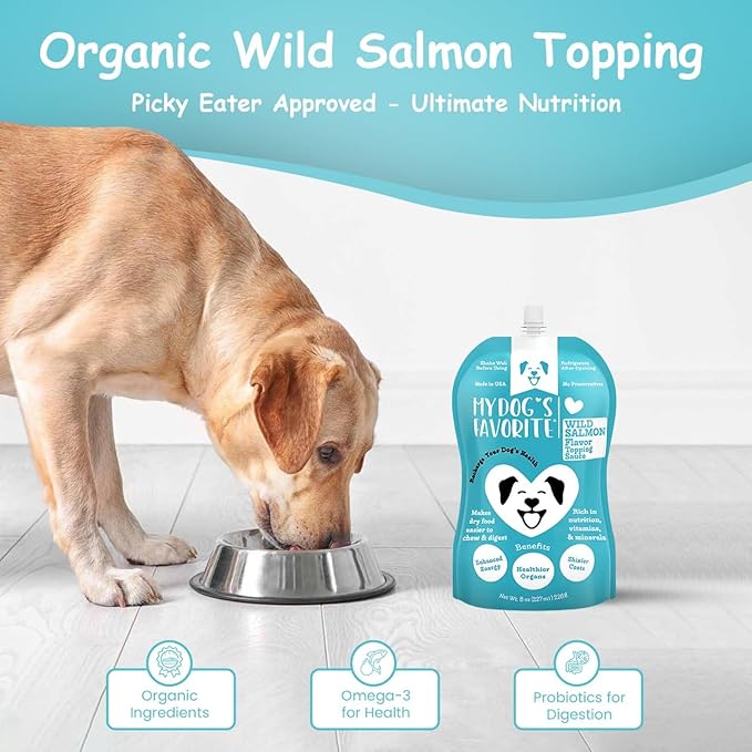 My Dog's Favorite Organic Dog Food Topper - Wild Salmon Flavor Wet Dog Food Topper with Omega-3 & Vitamin E - Healthy Food Topper for Dogs - Supports Digestion, Immunity & Coat Health - 8oz