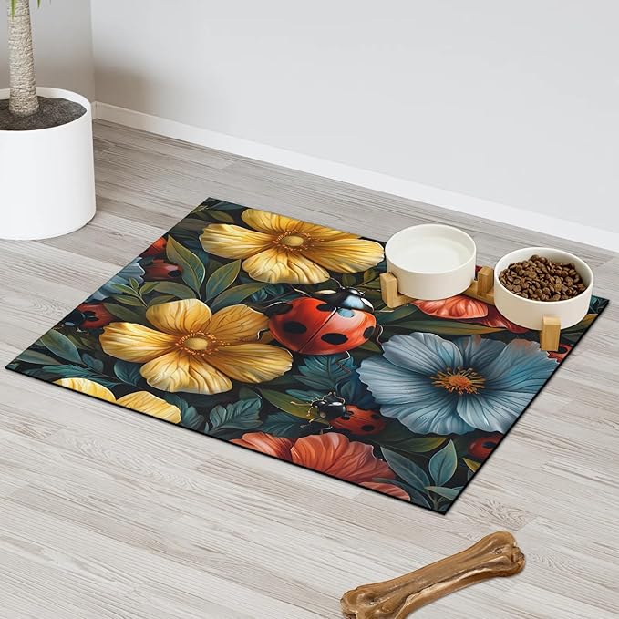 Ladybird Dog Food Mat for Floors Absorbent, Quick Dry Water Dispenser Mat for Food, Water, Pet Supplies 24" x 32", Spring Flower