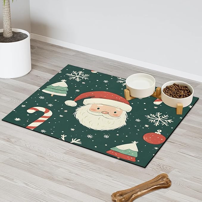 Merry Christmas Dog Food Mat for Floors Absorbent, Quick Dry Water Dispenser Mat for Food, Water, Pet Supplies 17" x 30", Santa Claus