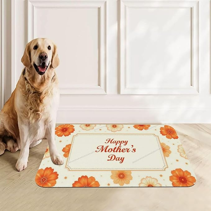 Pet Feeding Mats with Residue Collection Happy Mother's Day Floral Gift for Mom Yellow Lh Waterproof Dog Cat Bowl Mat 24x16In with Prevent Water Food Spills