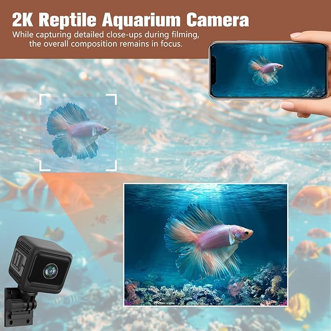 2K Indoor Security Camera, Window Home Camera, Reptile Aquarium Pet Monitor, Wireless Battery Powered, Night Vision, Motion Detection, 2.4G WiFi 6, App Control, for Home, Pet, Black