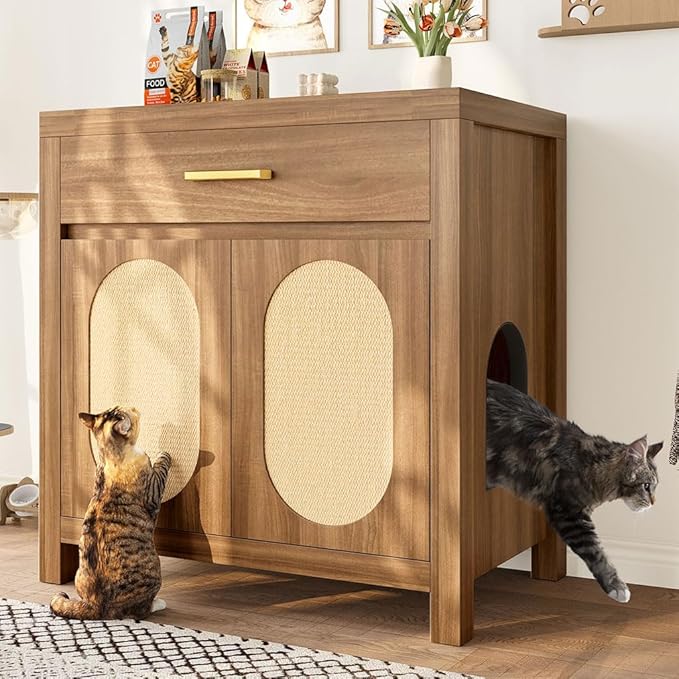 Cat Litter Box Enclosure Furniture, Hidden Litter Box Cabinet Cat House Side Table with Drawer & Sisal Scratch Pads, Wooden Pet Furniture for Living Room, Bedroom,Brown