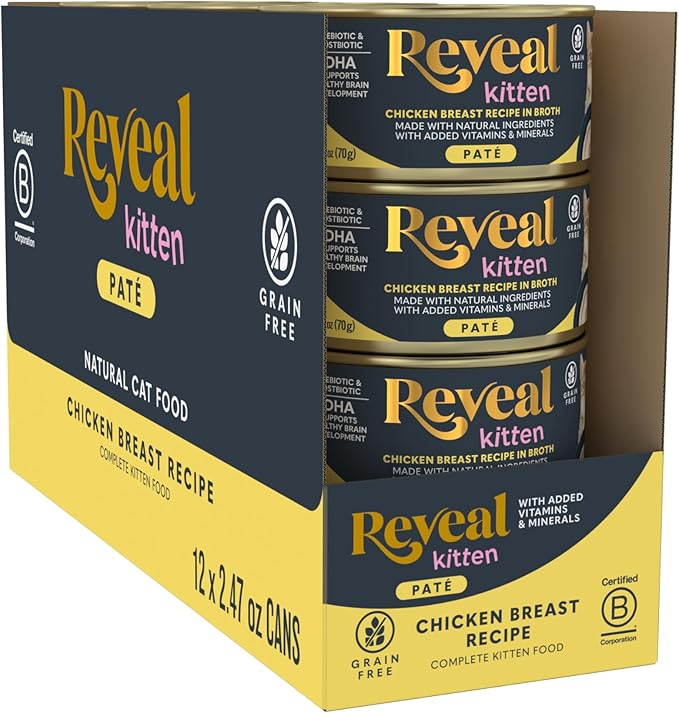 Reveal Entrées Natural Wet Kitten Food Paté, Grain-Free with Added Vitamins & Minerals, Carrageenan-Free and High Protein, Chicken Breast in Paté (12 x 2.47 oz Cans)