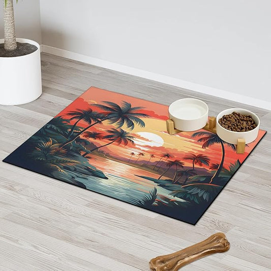 Beach Palm Tree Dog Food Mat for Floors Absorbent, Quick Dry Water Dispenser Mat for Food, Water, Pet Supplies 12" x 20", Sunrise Sunset