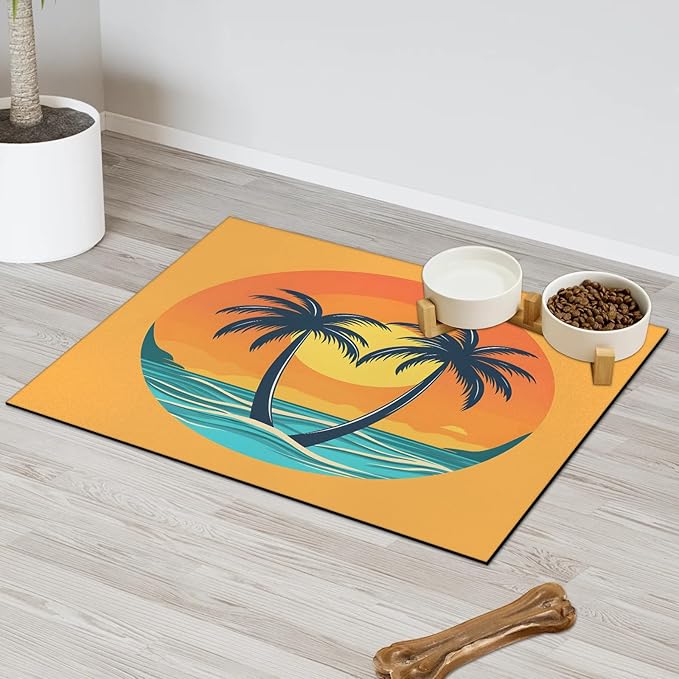 Boho Beach Dog Food Mat for Floors Absorbent, Quick Dry Water Dispenser Mat for Food, Water, Pet Supplies 12" x 20", Hawaiian Palm Tree