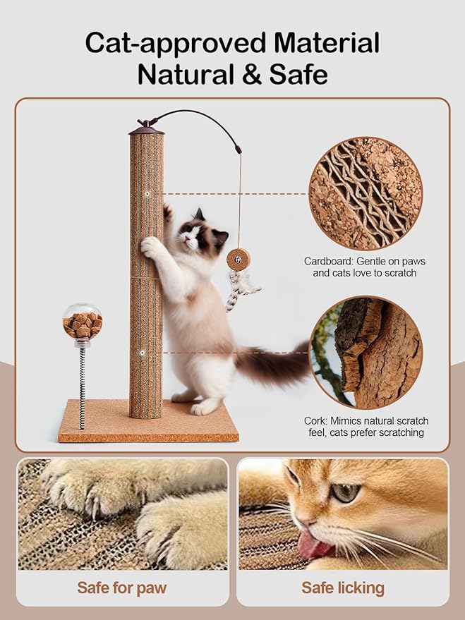 Kitten Claw Friendly Scratching Post Cork & Cardboard Mix Indoor 26" Premium Durable Nature Kittens Scratch Post Tree with Snack Ball & Feather Interactive Toys for Novice Cat Owner