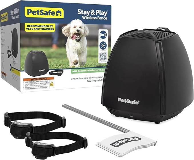 PetSafe Stay & Play 2-Dog Wireless Fence with Replaceable Battery Collar - Circular Boundary Covers Up to 3/4 Acre - Contains 2 Receiver Collars