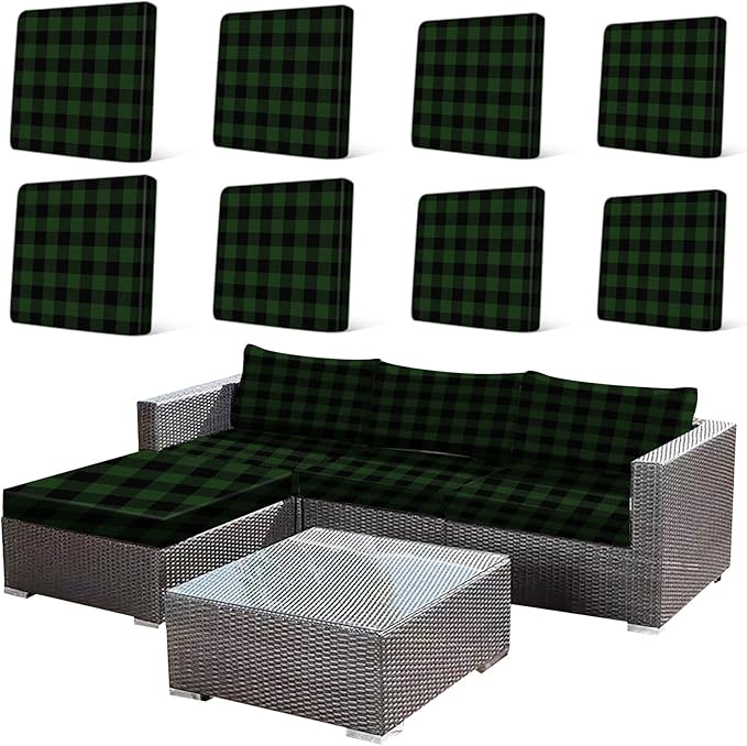 HANDONTIME 8Pcs Christmas Patio Cushion Covers Stretch Outdoor Couch Cover Green and Black Buffalo Check Replacement Cushions Plaid Patio Furniture Covers for Pets Sofa Covers Washable, Cover Only