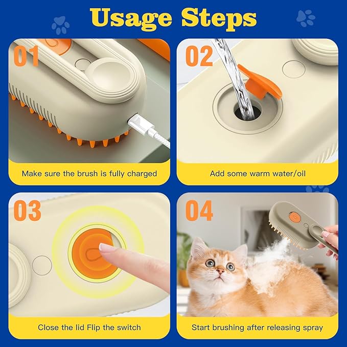 4 in 1 Cat Steam Brush for Shedding Cat Steam Brush Spritz Defur Comb for Cats With Shedding Steamy Pet Hair Brushes Indoor Steamer Dog Steaming Cepillo Para Gatos Con Vapor Misting Pets Grooming Comb