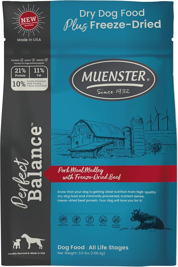 Muenster Perfect Balance Raw Pork Kibble Mix with Freeze Dried Beef for Dogs - High Protein, No Corn, Wheat, or Soy - Probiotic Dog Food Raw Treats for Healthy Gut - All Life Stages, 3.5 lb Bag