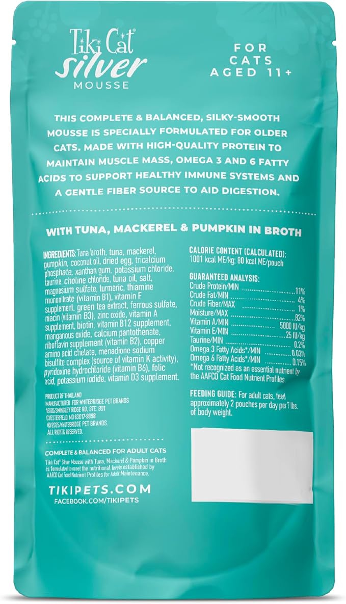 Tiki Cat Silver Mousse Wet Cat Food, Tuna, Mackerel & Pumpkin in Broth, 2.8 oz. Pouch (12 Count)