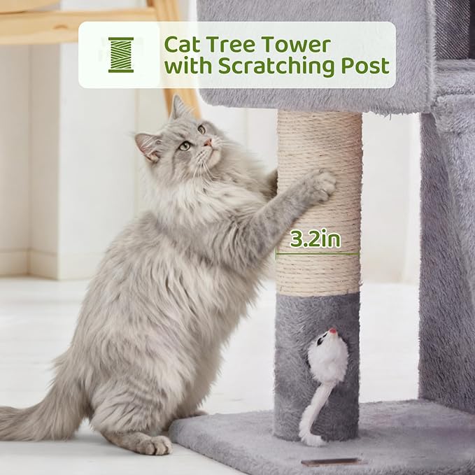 32inch Tall Cat Tree with 2 cat condo for Adult Cats Cozy Cat Tower with Scratching Post and Scrather Board for Cats of Different Ages.（Light Grey）