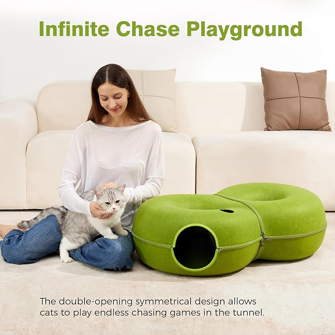 8-Shaped Large Cat Tunnel Bed for Indoor Cats, Infinite Circulation Peekaboo Cat Cave with 12 Toy Balls, Cat Donut Tunnel for Cats up to 30 Pounds (Green, L(38x24x11))