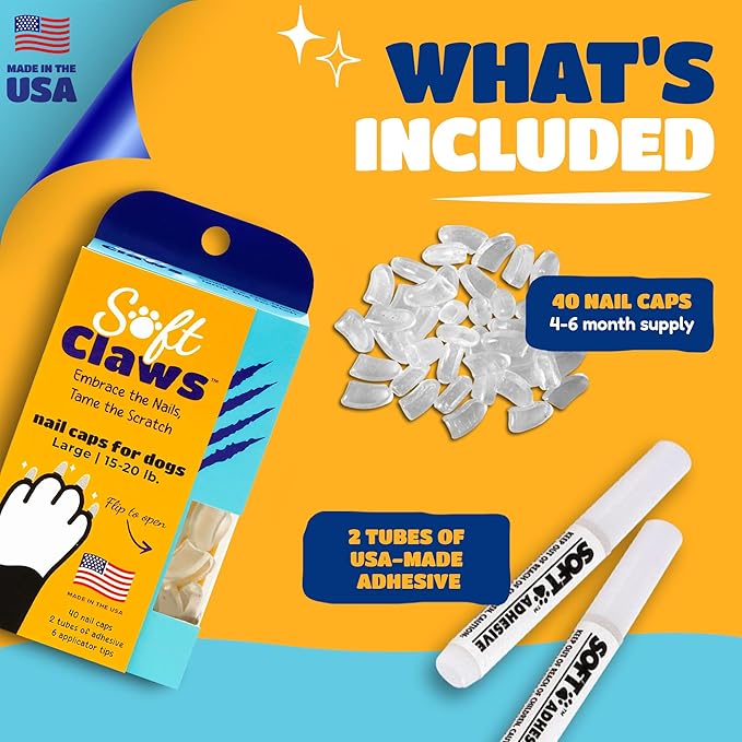 Soft Claws Dog Nail Caps, 40 Large Nail Caps, Made in USA - Vet Developed, Safe & Non-Toxic Easy to Apply Claw Covers | Protects Furniture & Skin, Natural
