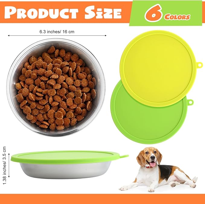 Patelai 12 Pcs Stainless Steel Dog Bowls with Silicone Lids Portable Food and Water Dishes for Pets Sealable Containers for Small Medium Dog Cat Indoor, 6.3 Inch (Red,Blue,Green,Purple)