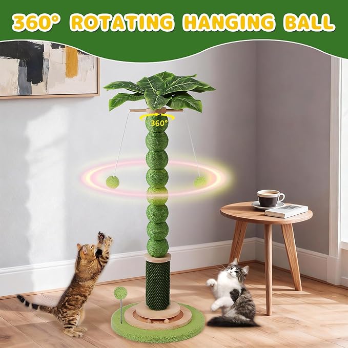 41'' Tall Cat Scratching Post,3.8'' Diameter Sisal Rope Scratcher Ball with Wood Interactive Ball Toy for Indoor Large Cats,Scratcher with 360° Rotating Hanging Ball,Self Groomer Brush for All Cats