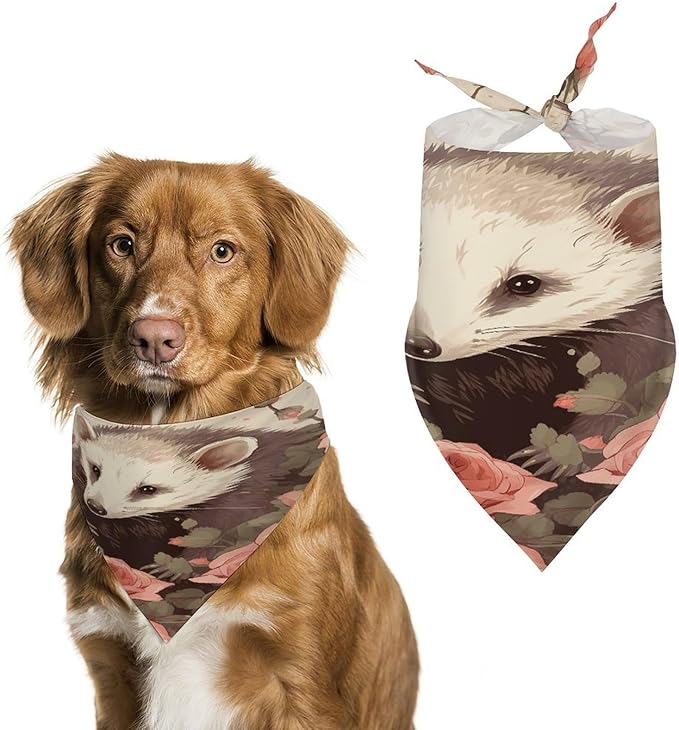 Dog Bandana Spring Pet Scarf Adjustable Triangle Opossum and Roses Printing Dog Bib Washable Polyester Puppy Bandana for Small Medium Large Dogs Cat Birthday Party Supplies