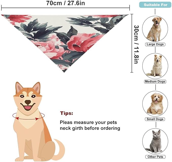 Dog Bandana Spring Pet Scarf Adjustable Triangle Peonies Spring Printing Dog Bib Washable Polyester Puppy Bandana for Small Medium Large Dogs Cat Birthday Party Supplies