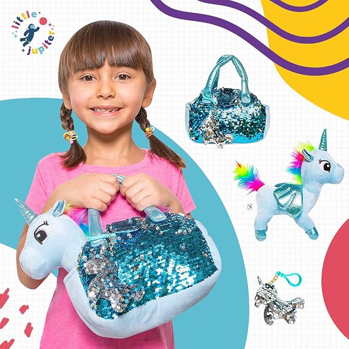 Little Jupiter Plush Pet Set w/Purse - Unicorn Stuffed Animals - Stuffed Animals for Girls - Plush Toy - S Unicorn Gift for Age 4-5 - 6-7 yrs (Light Blue)