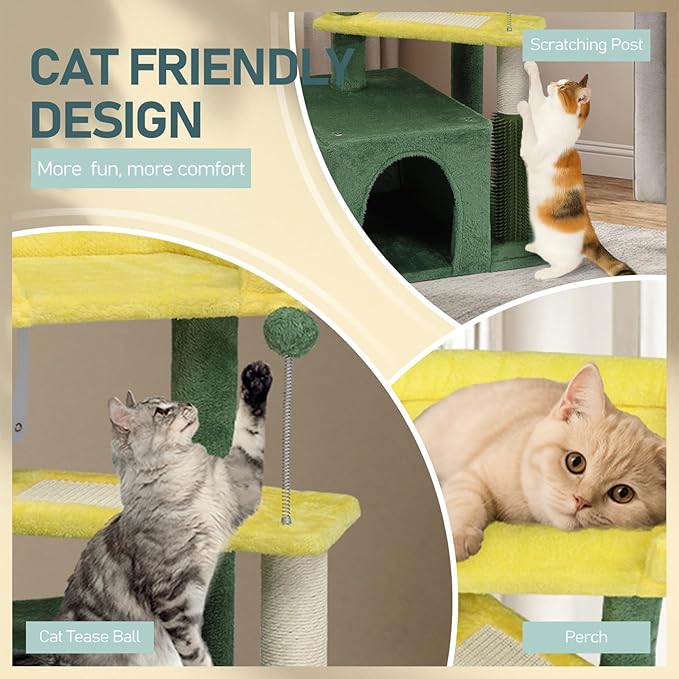 27.5in Plush Cat Tree, Multi-Level Cat Tower with Scratching Post and Pad, Cozy Condo & Padded Perch, Dangling Ball for Kittens and Indoor Cats, Compact Cat Furniture for Small Spaces (Yellow & Green)