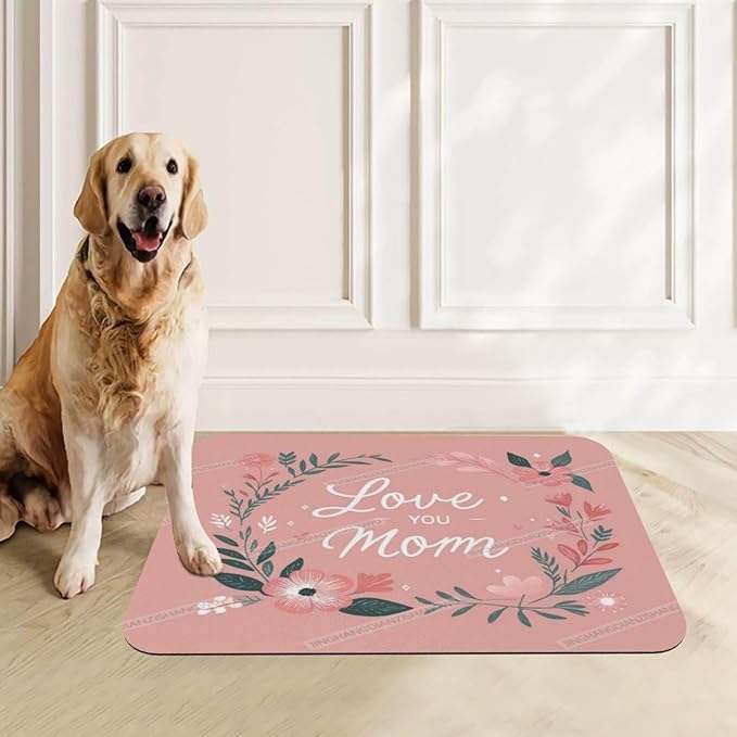 Dog Food Mat for Floors Absorbent Quick Drying Happy Mother's Day Floral Gift for Mom Hu Pet Cat Food Mat Easy-to-Clean Pet Feeding Mats Dog Bowl Mats 24x16In