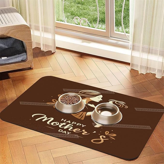 Pet Cat Dog Food Mat Absorbent Dog Feeding Mat Happy Mother's Day Floral Gift Mom Brown No Stains Cat Food Mats Indoor Pet Dogs Placemat Water Bowl Mats with Rubber Backing 18X12In