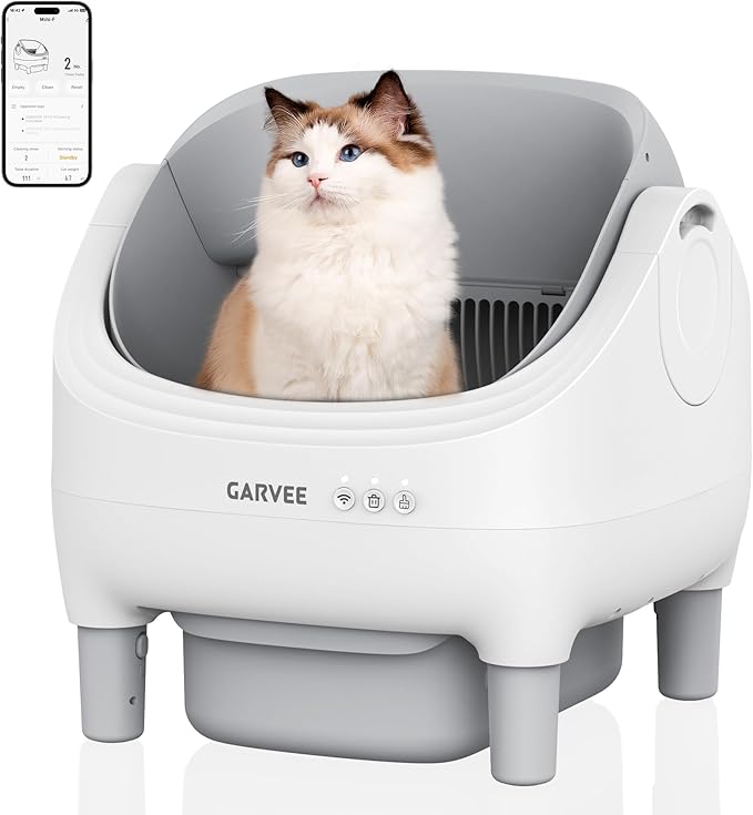 Self Cleaning Litter Box, Automatic Cat Litter Box with APP Control, Odor-Free Waste Disposal Includes Trash Bags, Large Waste Bin, Open-Top, for Multiple Cats, Light Grey