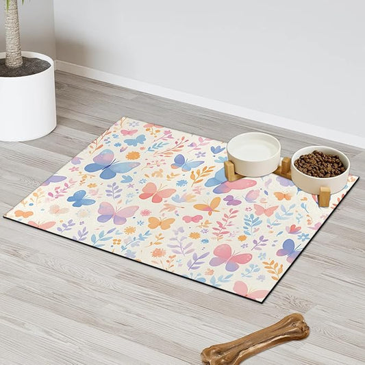 Wildflower Butterfly Dog Food Mat for Floors Absorbent, Quick Dry Water Dispenser Mat for Food, Water, Pet Supplies 16" x 24", Leaf Plant