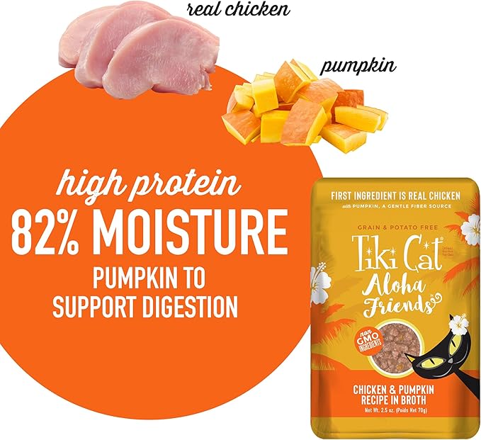 Tiki Cat Aloha Friends, Chicken & Pumpkin, Grain-Free & High Moisture, Wet Cat Food for All Life Stages 2.5 oz. Pouch (12 Count)