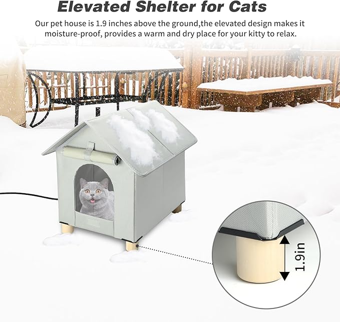 BWOGUE Elevated Heated Cat House for Outdoor Cats in Winter, Waterproof & Insulated Feral Cat Shelter for Outside Cats,Weatherproof Feral Cat House for Outside (Grey, S - Wooden feet)